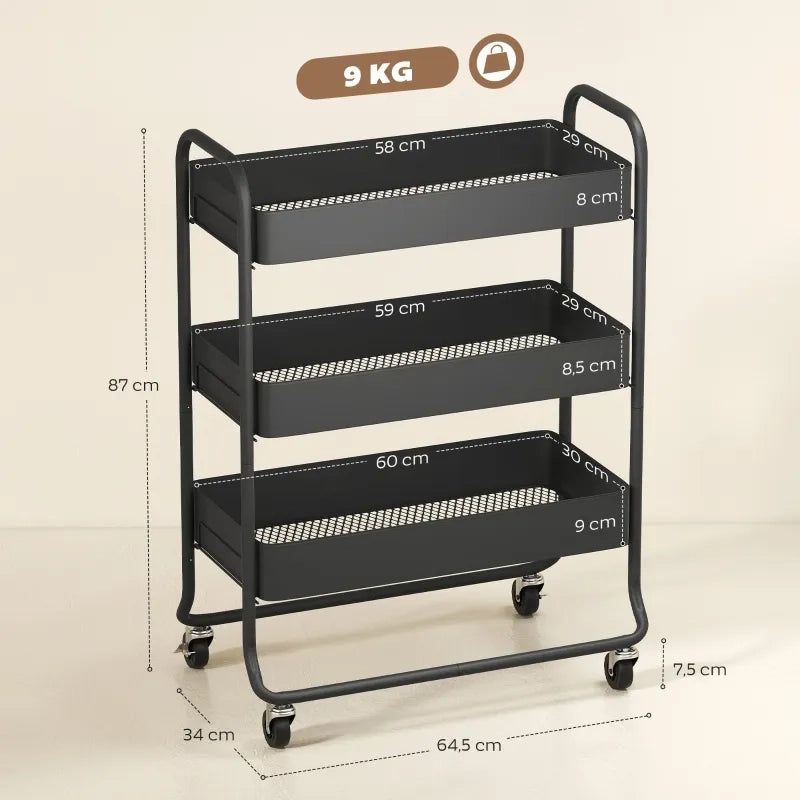 Carrello da cucina in metallo nero, con 3 cestini e 4 ruote