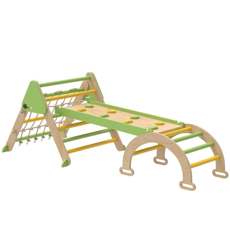 GIOCO PER BAMBINI 8 IN 1 CON TRIANGOLO, PARETE LISCIA E ARCO, IN LEGNO DI PIOPPO E PINO, 191.5X74.5X63 CM