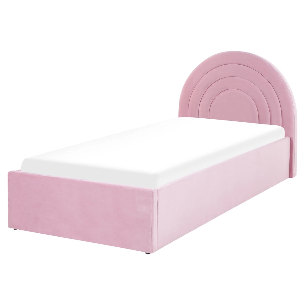 Letto con Contenitore in Velluto Rosa, Misura Singola 90 x 200 cm , Design Minimalista Retro con Testiera a Mezza Luna e Contenitore