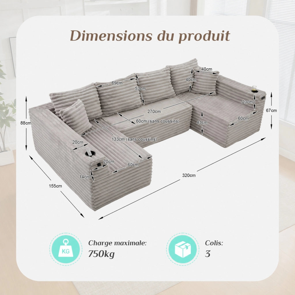 Divano modulare a U in velluto a coste con portabicchieri e tasche laterali, ergonomico, grigio chiaro