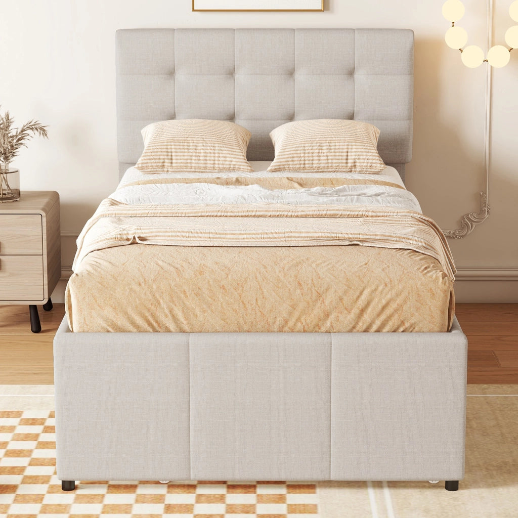 OKWISH Letto con Cassetti 90×200 cm, Letto Singolo con Letto estraibile, 3 Cassetti e Testiera Regolabile, senza Materasso, Beige