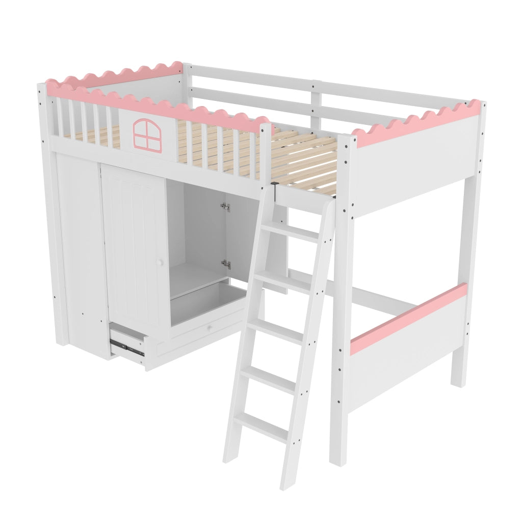 OKWISH Letto a soppalco 90×200 cm, Letto Singolo con LED, Armadio e Cassetto Contenitore, senza Materasso, in Pino, Bianco