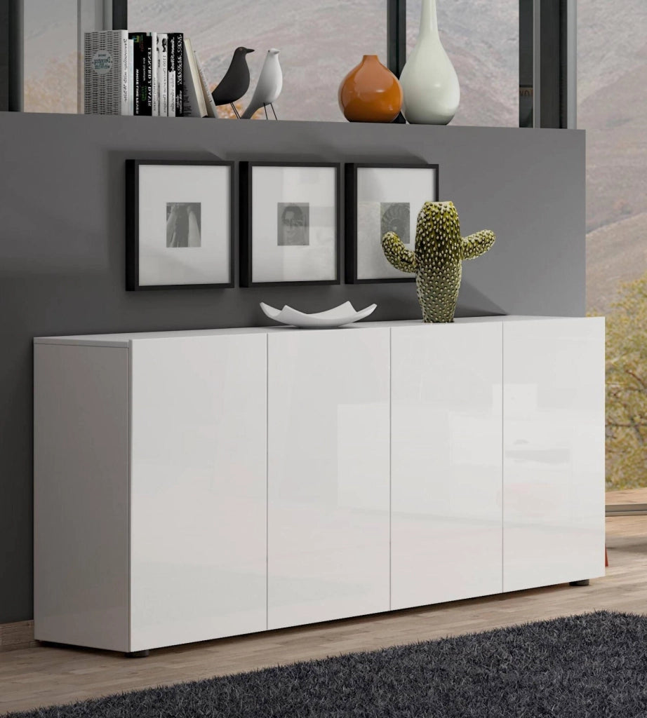 Credenza Amacord, Buffet da soggiorno, Madia da salotto, Dispensa da cucina, Made in Italy, 180x38h79 cm, Bianco lucido