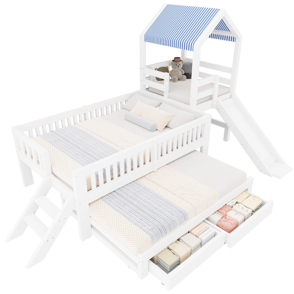 Letto bambino 90×200 cm e 90×190 cm con scivolo; scala; cassetti e letto estraibile; senza materasso; bianco