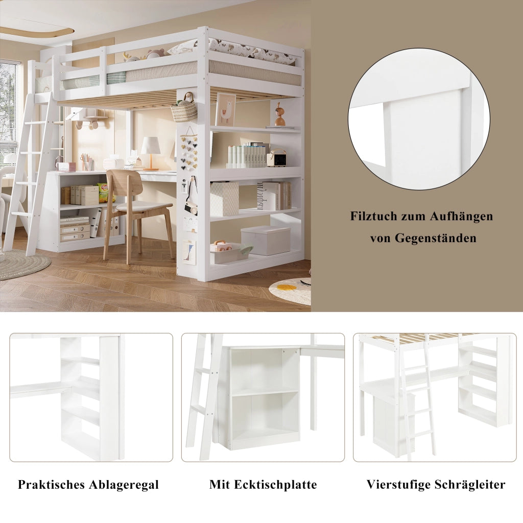 Letto a soppalco per bambini con scaffale e scala, 90x200 cm, bianco