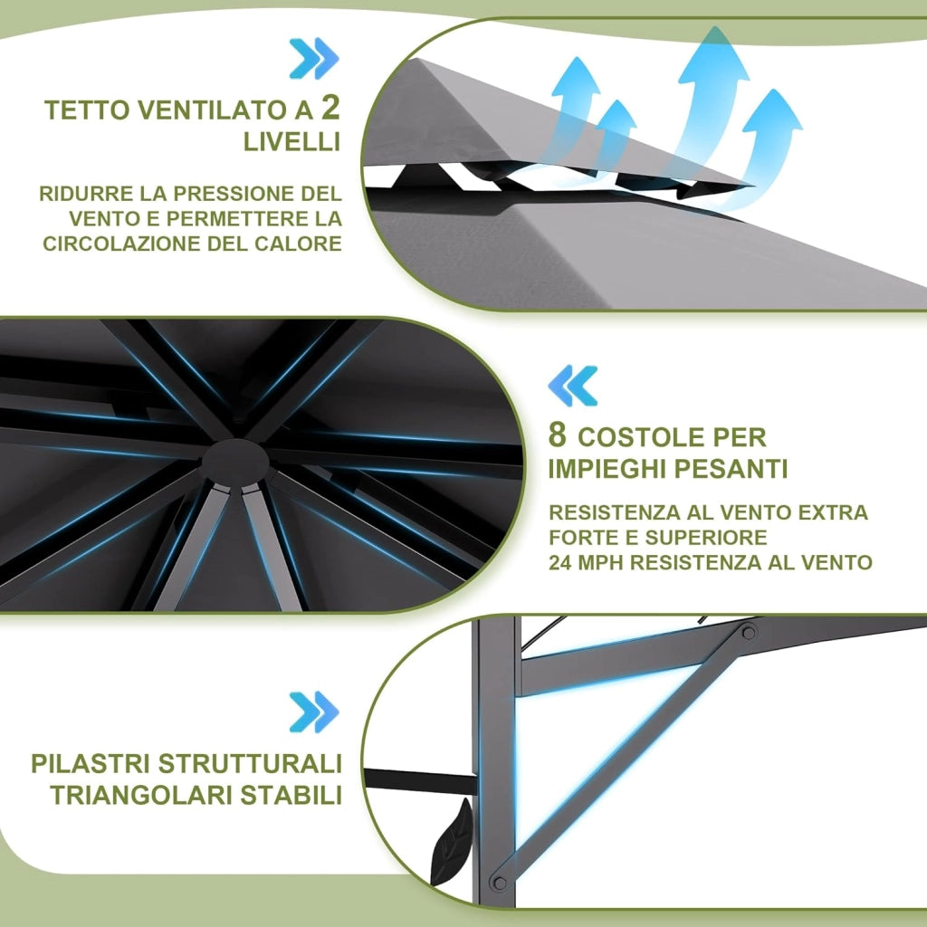 Gazebo Esterno Resistente 3.3x3.3 m con 4 Vasi per Fiori - Gazebo da Giardino in a Doppio Tetto Aerato, Struttura Fogliata, Tende Rimuovibili, Protezione UV & Impermeabile per Esterno