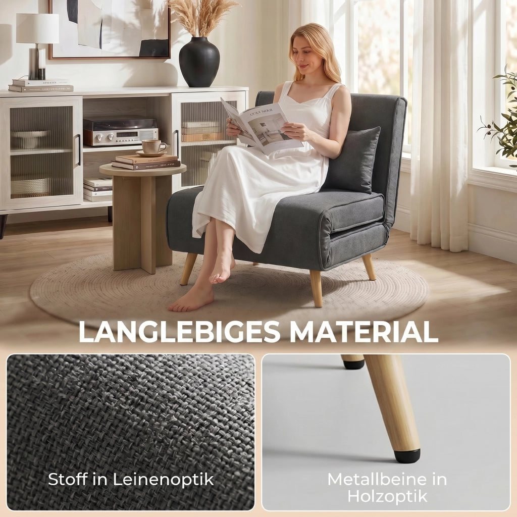 Poltrona letto pieghevole 3 in 1 ¨C Xylo ¨C Tessuto lino grigio con schienale reclinabile