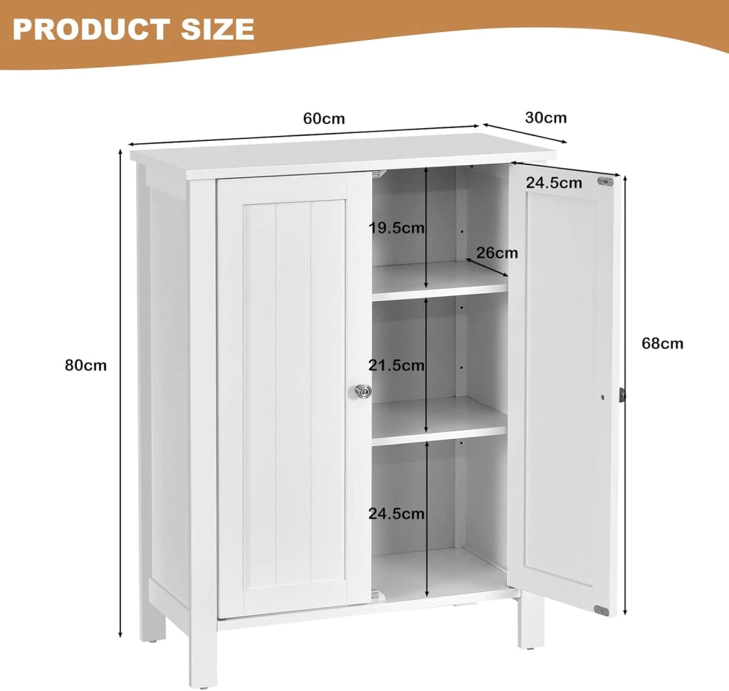 Armadietto Bagno da Terra, Mobiletto Autoportante a 2 Ripiani, con 2 Ante Legno, 60x30x80 cm, Bianco