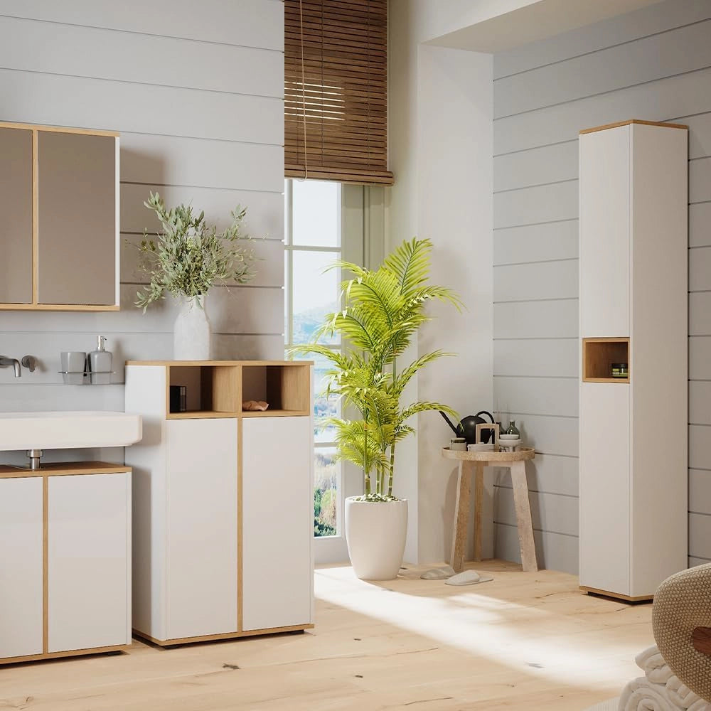 Armadio per il bagno Didi, Bianco/Artisan, 30 x 192 cm con 2 porte, per la conservazione di articoli da bagno e prodotti per la cura personale