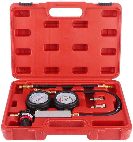 Kit di Test di Compressione con Doppio Manometro 0-7 bar/0-100 psi - Detector di Fuga di Cilindri - Kit di Detezione di Lette - Adatto per Motori a Benzina - Copertura in Gomma Protettiva