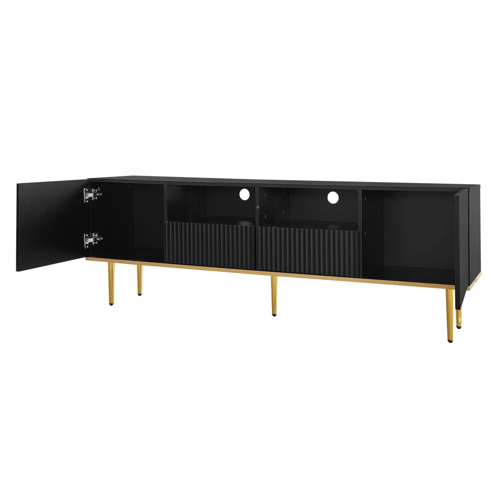 Mobile TV 165x36x55 cm; 2 vani e 2 cassetti con apertura a pressione; pannello truciolare nero e oro