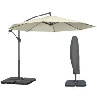 Ombrellone Decentrato a 6 Stecche con Manovella e Base a Croce, in Metallo e Poliestere, Ø292x247 cm, Beige