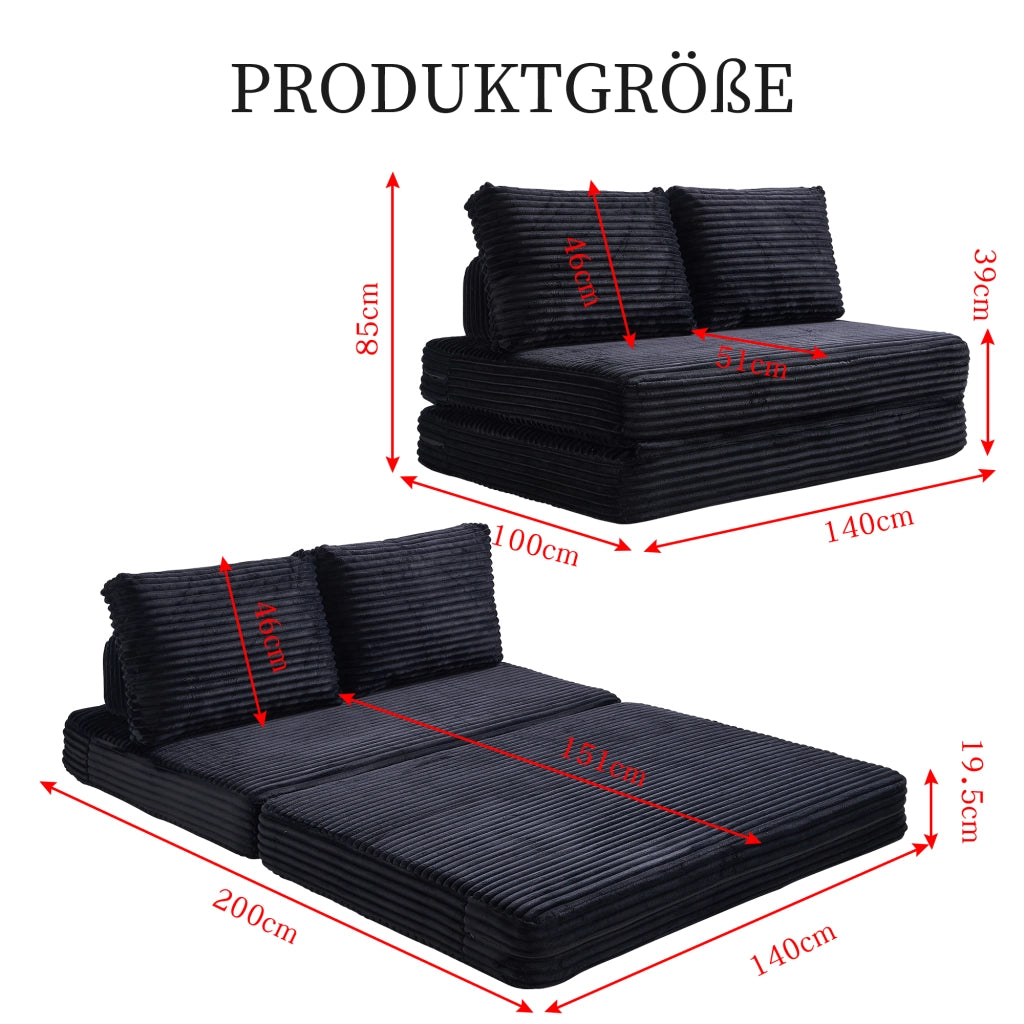 Divano letto multifunzionale con schienali removibili in tessuto nero per soggiorno e sala lettura 150 × 33 × 32 cm
