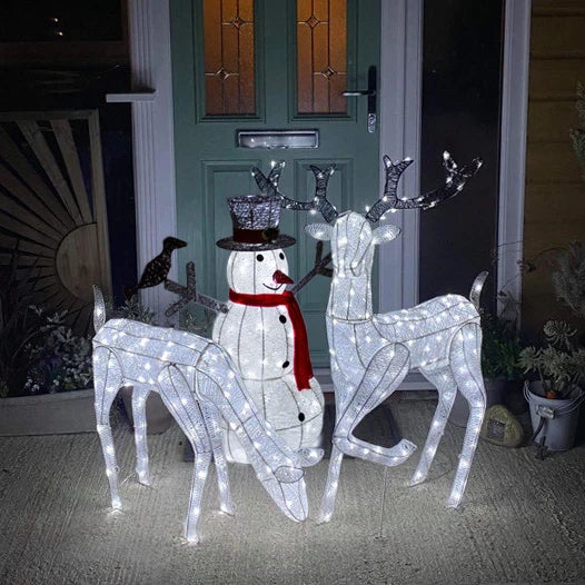 Renne di Babbo Natale & Pupazzo di Neve Luminoso Decorazione da Esterno per la Casa Luci LED per Giardino - Bianco