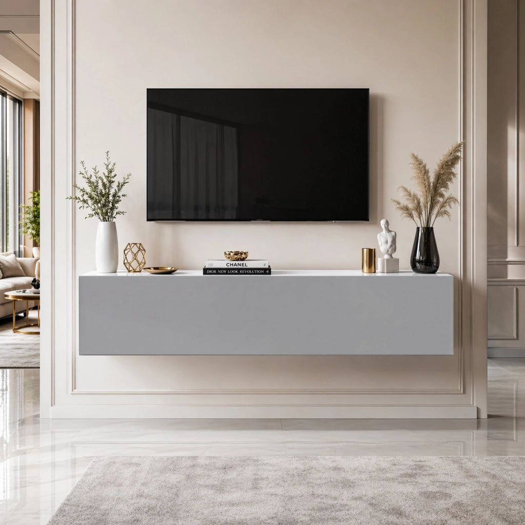 Mobile TV Sospeso Design Minimal Con 3 Vani Contenitore Anta A Ribalta Reversibile Frontale Lucido In Melaminico Per Soggiorno Salotto Zona Living 160 X 34 X 40 Cm Grigio E Bianco