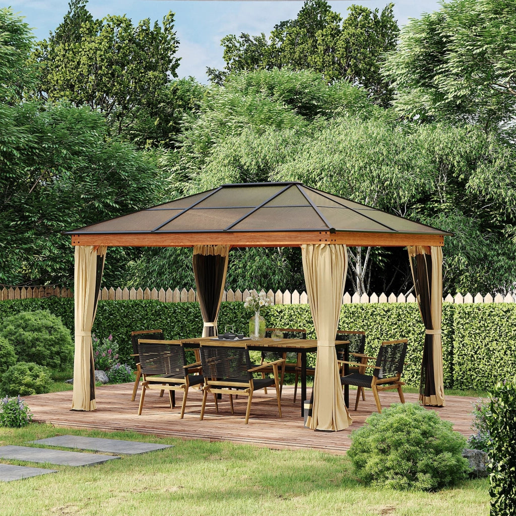 Gazebo da Giardino 2,94x3,60x2,67m con Tetto in Policarbonato e Zanzariere in Acciaio Cachi