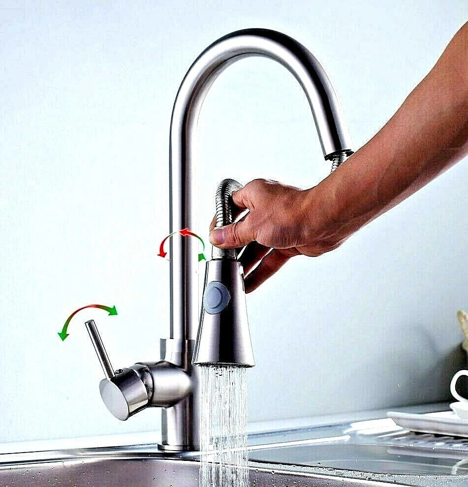 RUBINETTO MISCELATORE LAVELLO ISOLA CUCINA DOCCETTA DOCCIA ESTRAIBILE SATINATO