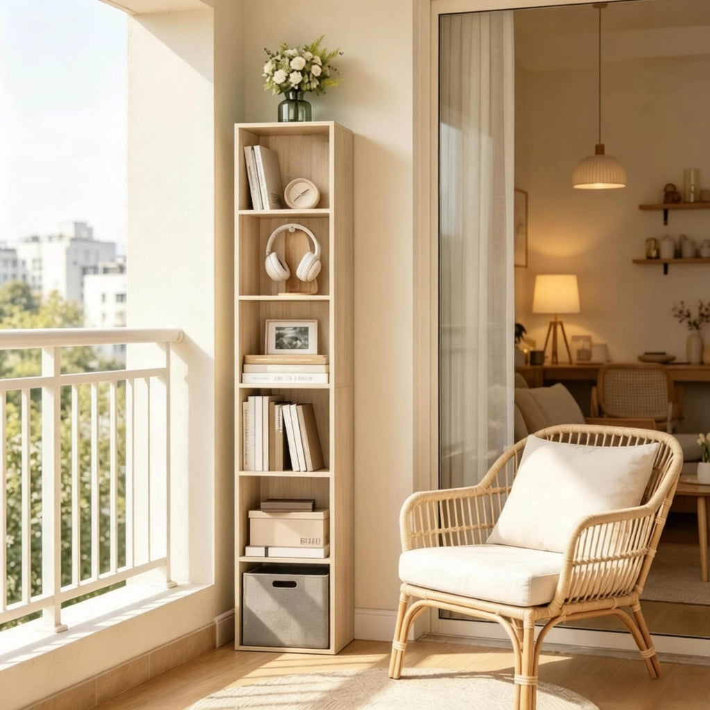 Libreria a 6 vani in MDF e truciolare effetto rovere