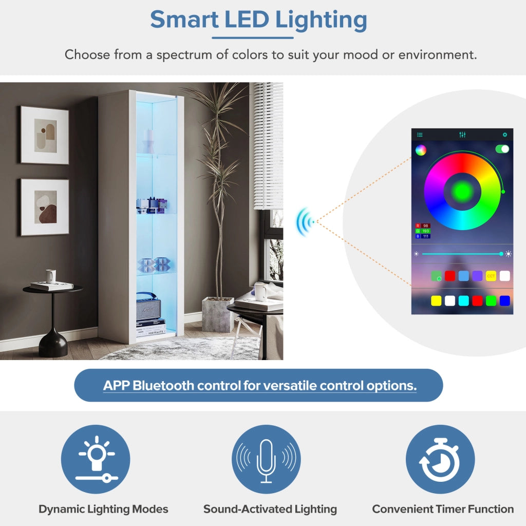 Vetrina con LED da app e 3 ripiani in vetro, finitura bianca lucida, per soggiorno e ufficio, 55 × 38 × 166 cm