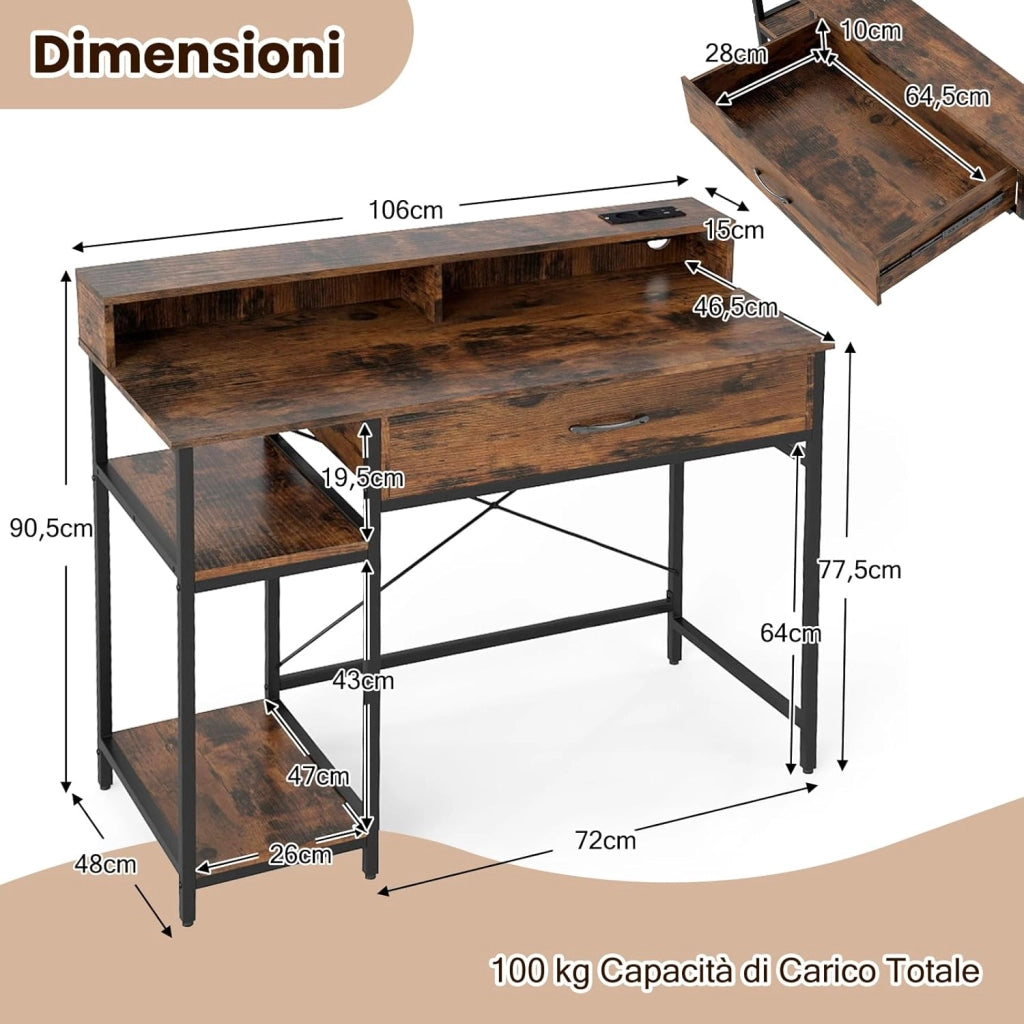 Scrivania Salvasapzio per Computer con Stazione di Ricarica 106 x 48 cm, Mensola sopra Tavolo, Cassetto e Libreria Laterale a 2 Ripiani, Tavolo Industriale per Ufficio e Casa (Marrone Rustico)