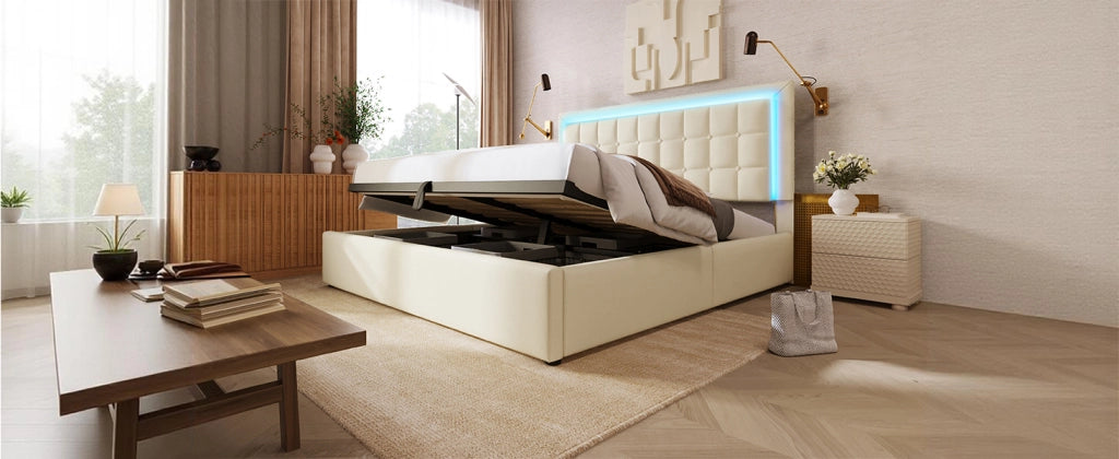 DESMIU Letto Contenitore 160 × 200 cm 2 posti con LED, vano idraulico e senza materasso in PU bianco
