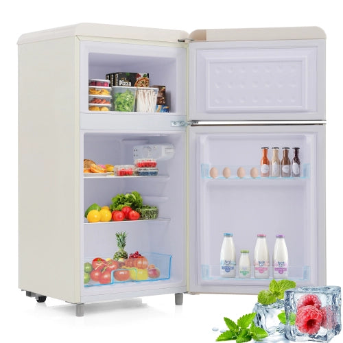 Frigorifero retrò; frigorifero a doppia porta; volume totale 72L; congelatore 21L; luce LED; efficiente energetico; bianco