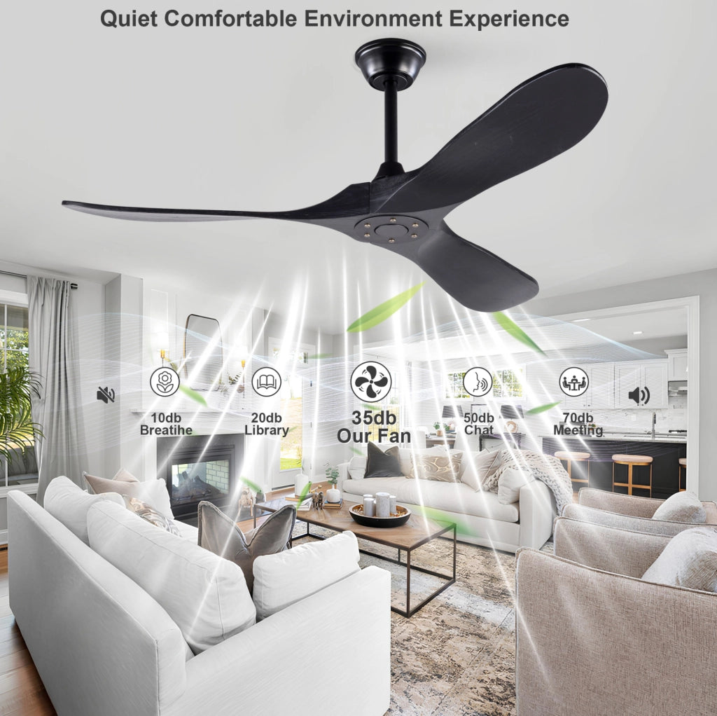 Ventilatore da soffitto 52 pollici nero con 3 pale in legno; telecomando; senza luce