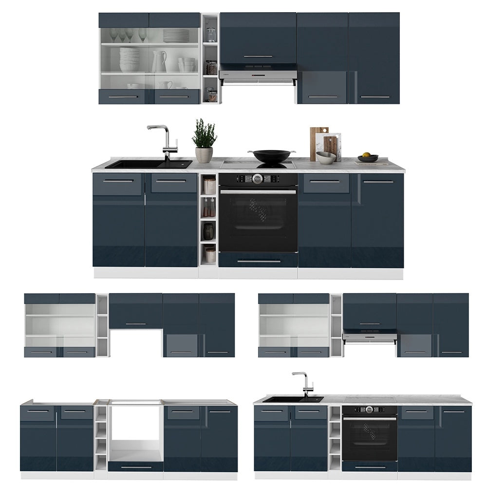 Mobili da cucina Fame-Line Blu scuro lucido/Bianco 235 cm, PL Rovere Vicco