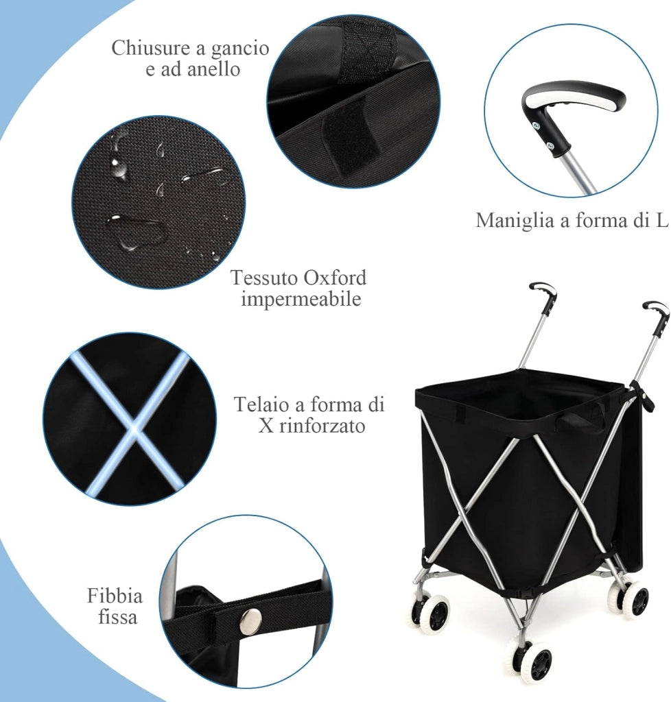 Carrello Spesa Pieghevole con Ruote, Carrello Portaspesa con Fodera in Tessuto Oxford Rimovibile e Impermeabile, 90L, Capacità di peso 55 kg (Nero)