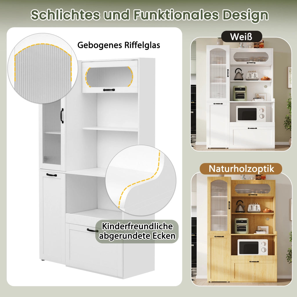 Credenza alta in MDF con ripiani regolabili, cassetto e vetro zigrinato per cucina soggiorno e sala da pranzo bianco