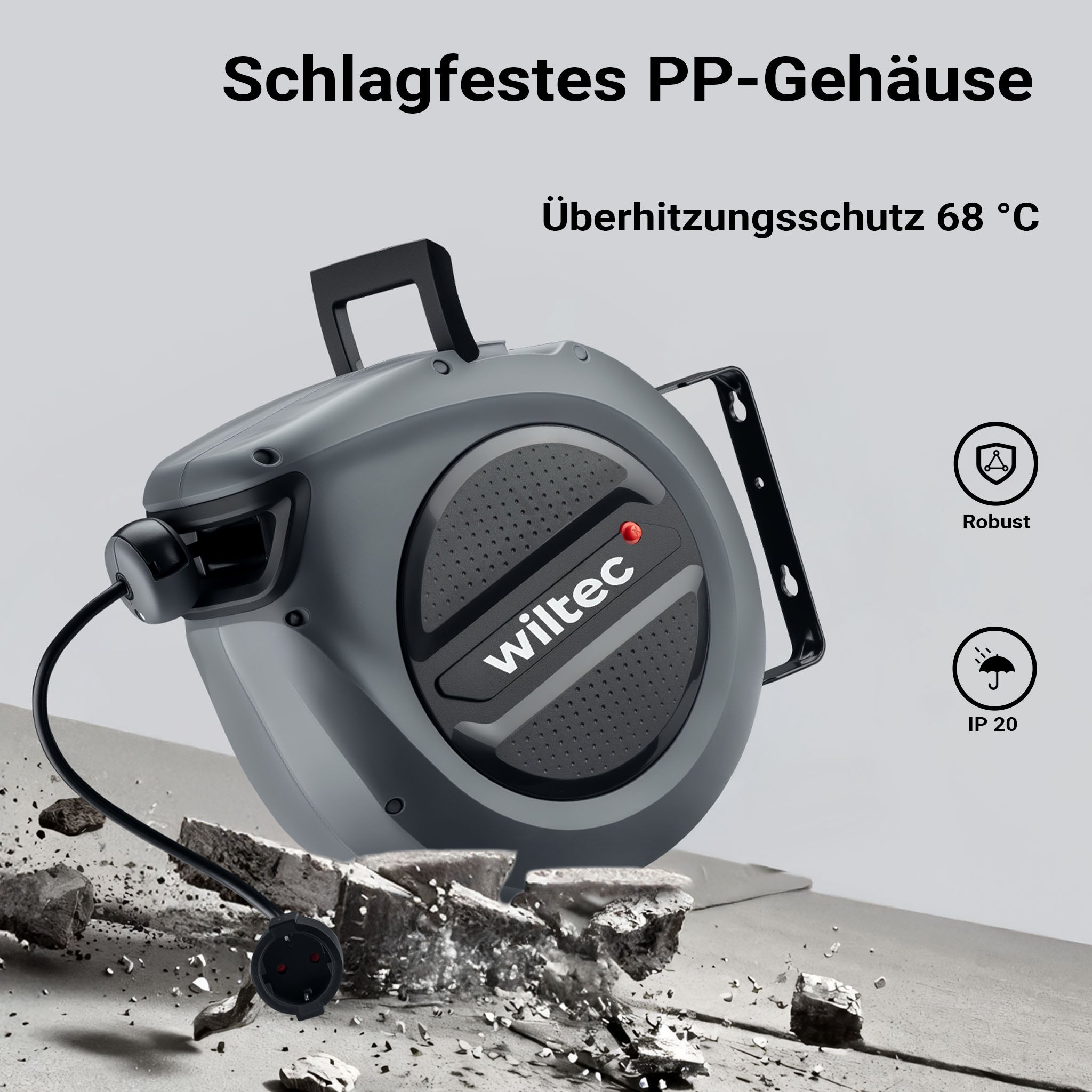 Avvolgicavo elettrico automatico 15 m + 1,5 m, avvolgitore cavo automatico 1500 - 3200 W, prolunga elettrica avvolgibile con staffa a 180°