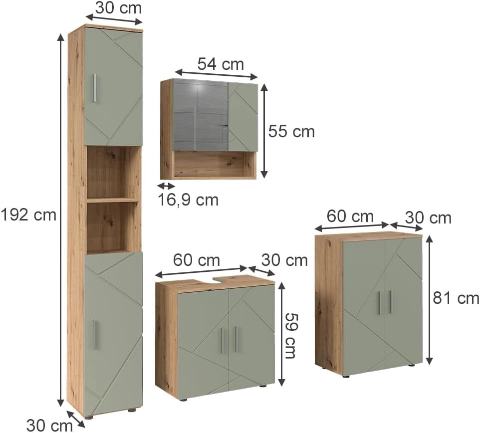 Set di mobili da bagno Irma, Verde salvia, 60 cm, composto da mobile lavabo, pensile a specchio, colonna e base media