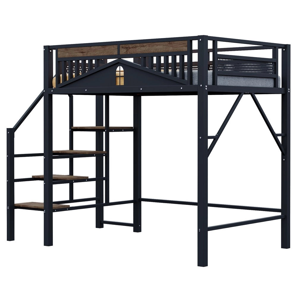 Letto a Soppalco in Metallo con Scala ¨C MINIMAL ¨C Nero 140x200