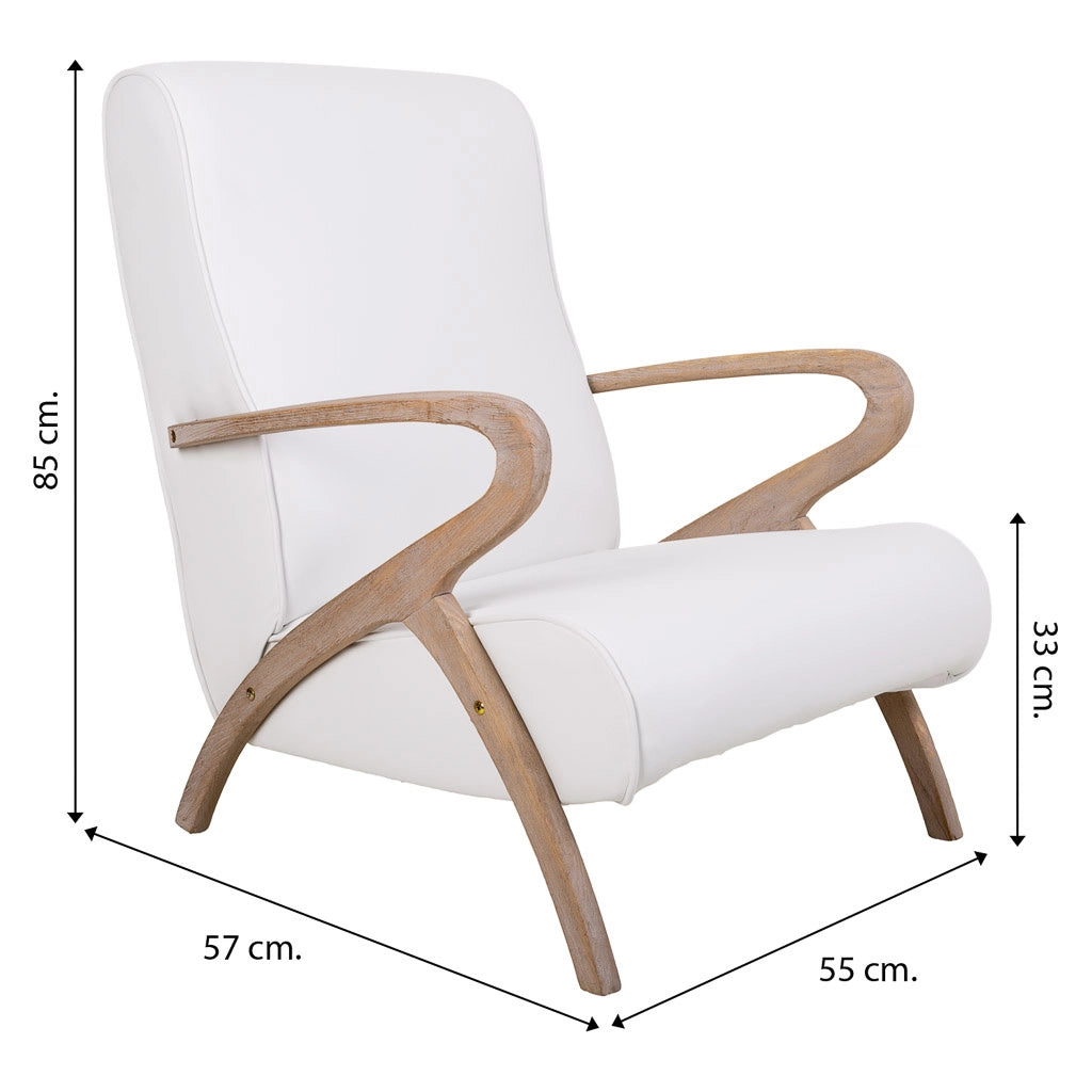 Poltrona in legno imbottita in similpelle bianca 57x55x33/85h