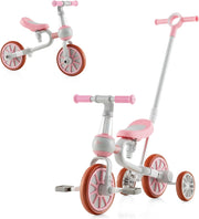 4 in 1 Triciclo Evolutivo per Bambini, Bicicletta Bambini con Manico a Spinta Regolabile in 4 Posizioni, Sellino in 2 Posizioni, Pedali Rimovibili, per Bambini e Bambine da 1 Anno + (Rosa)