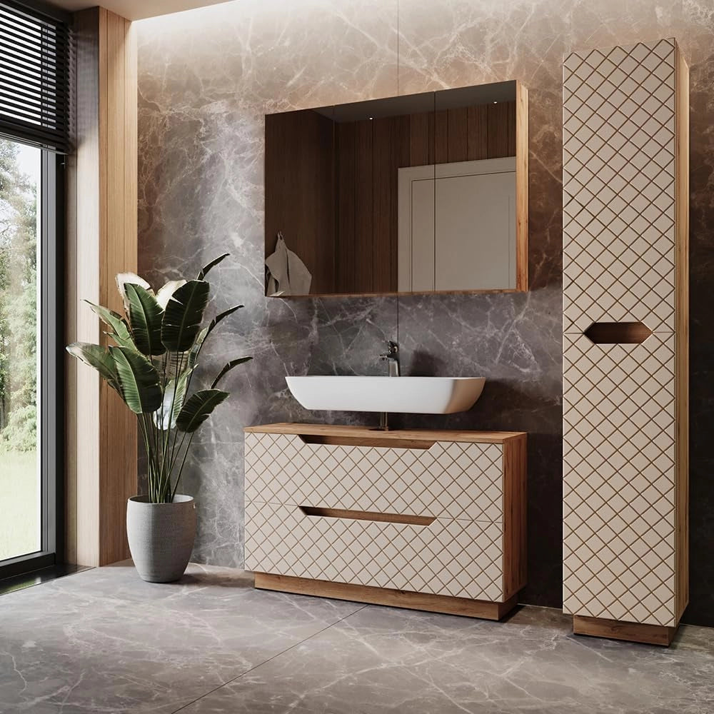 Set di mobili da bagno Lotta, Rovere/cashmere con struttura in piastrelle, 3 parti
