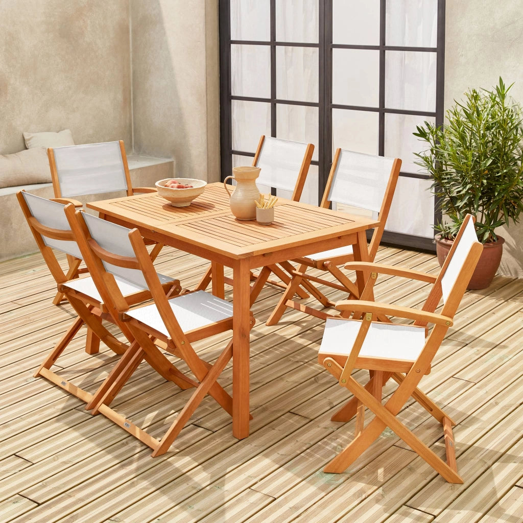 Set tavolo da giardino rettangolare allungabile in legno con 6 sedie,