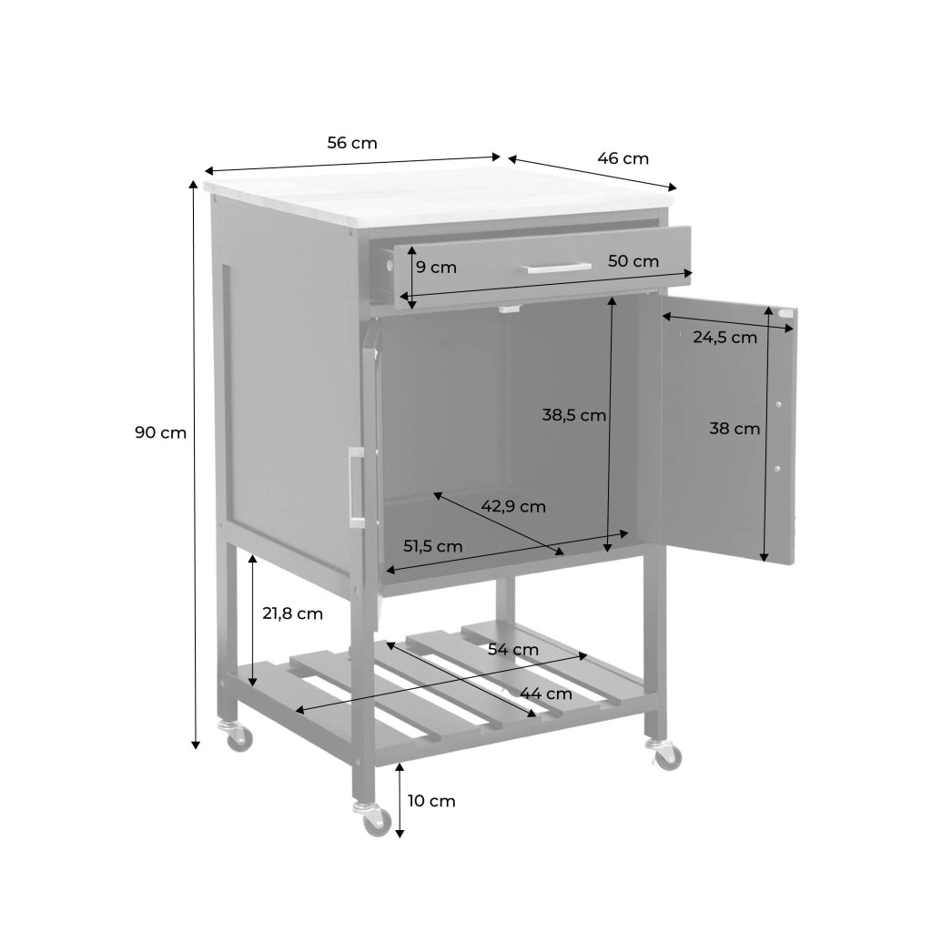 Carrello da cucina in legno di gomma con 2 ripiani, 56cm , nero