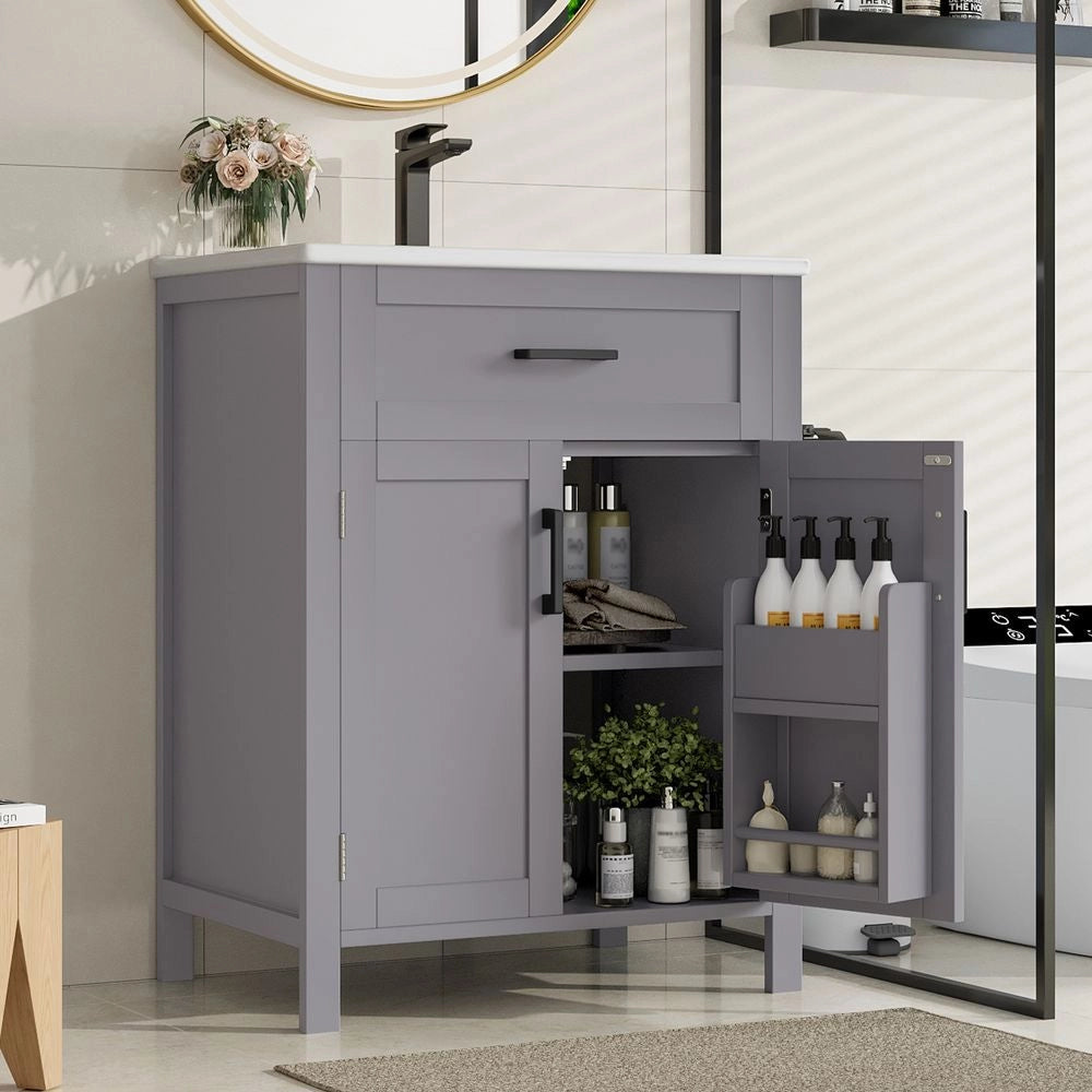 Mobile bagno con lavabo - Xylo - 60x46x84,8 cm - Grigio - Doppie ante, lavabo ceramica, ripiani regolabili