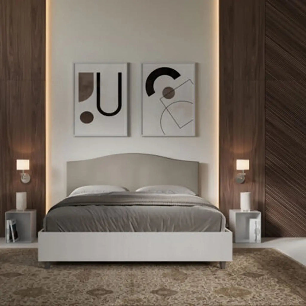 Letto matrimoniale con rete 160x200 bianco frassino testata similpelle tortora Grace