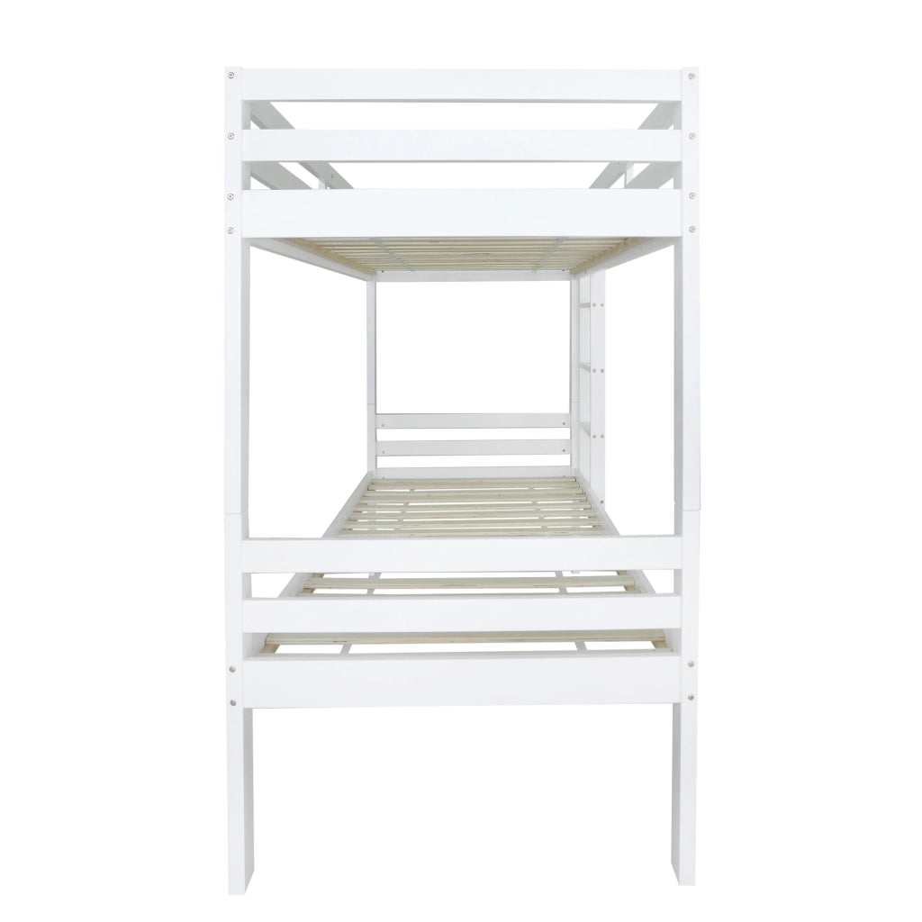 Letto a Castello 90x200 cm - con Scaffale; Armadio; in Legno Massello e MDF - Bianco