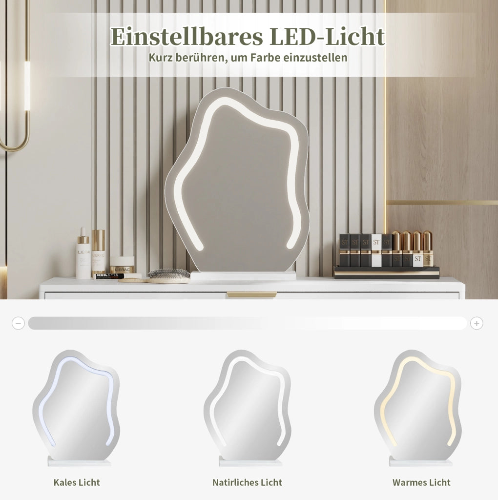 Tavolo da trucco bianco con specchio LED e cassetti capienti