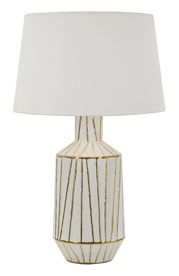 Lampada da Tavolo Tangeri Moderna - Base in Ceramica Bianca e Decorazioni Oro, Paralume in Tessuto, Attacco E27 - 45x45x73 cm