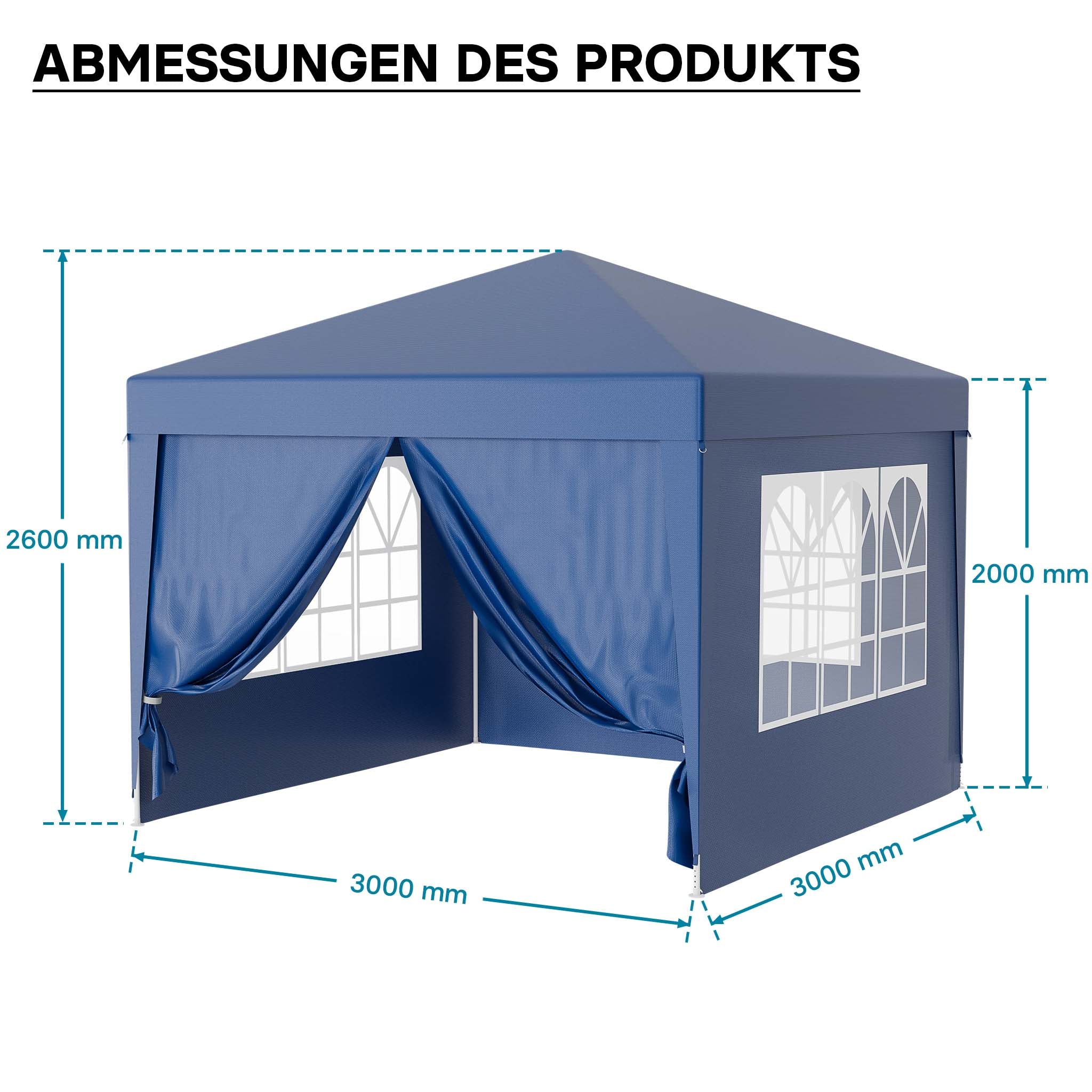 Gazebo 3 x 3 m in blu con protezione UV 50+, tendone da giardino con pareti laterali rimovibili, tenda da festa con finestre, ad esempio per terrazze e festival