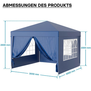 Gazebo 3 x 3 m in blu con protezione UV 50+, tendone da giardino con pareti laterali rimovibili, tenda da festa con finestre, ad esempio per terrazze e festival