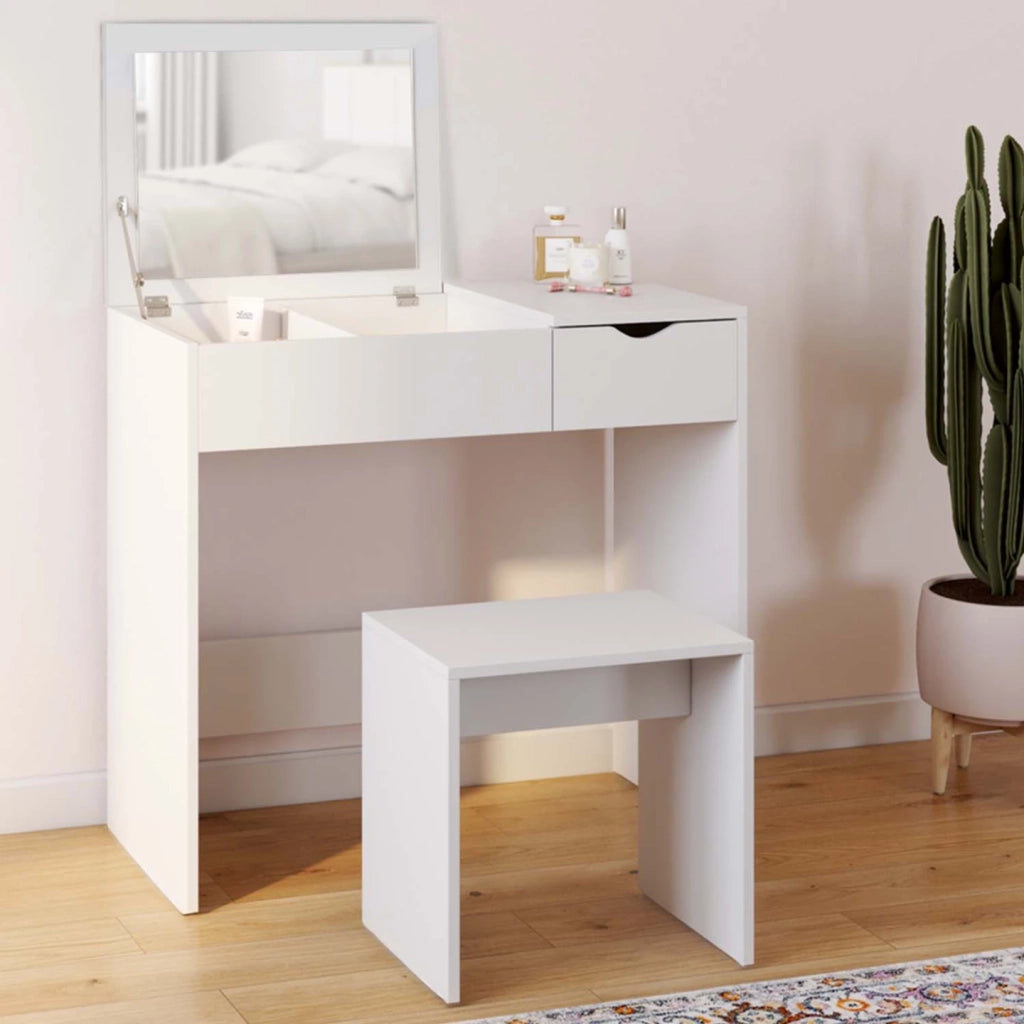 IDMarket - Mobiletto ZELIA con specchio pieghevole, 1 cassetti e 1 sgabello
