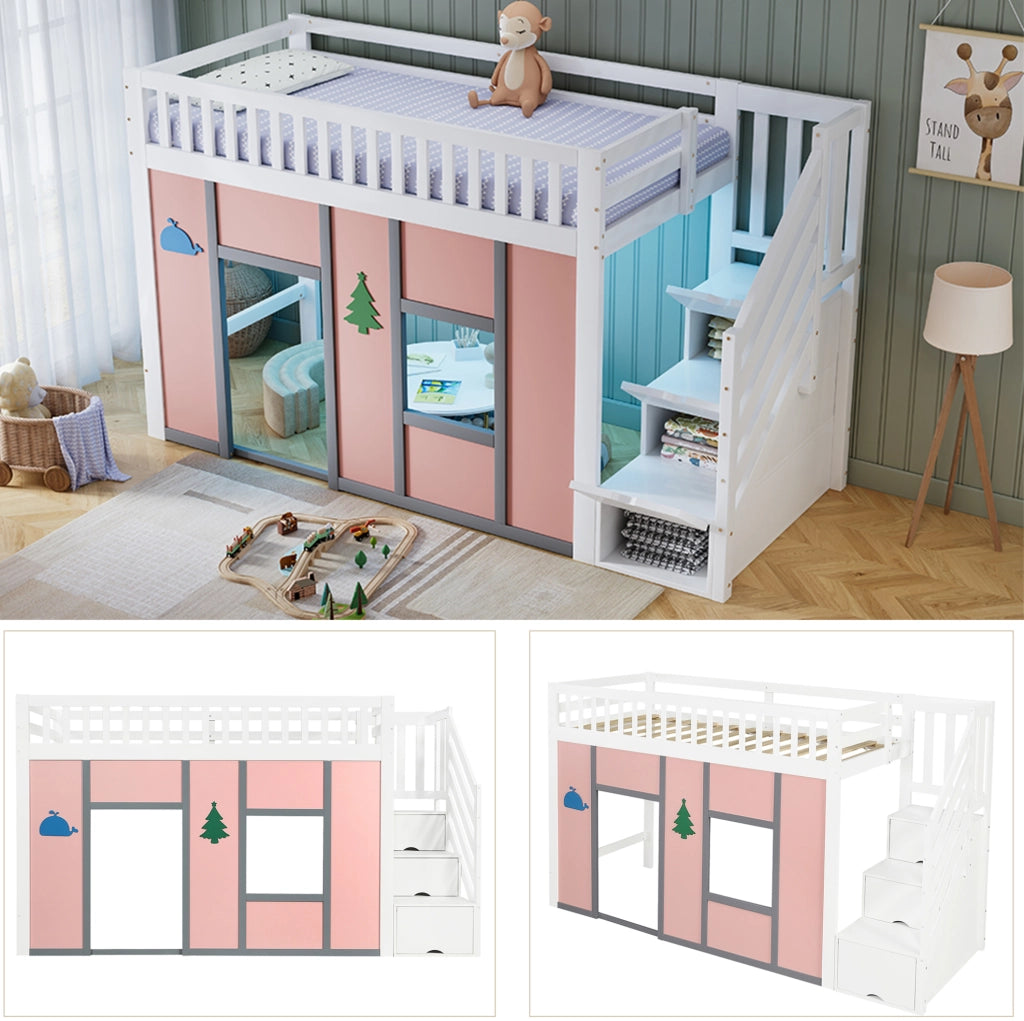 Letto a soppalco basso per bambini 90x200 cm con scala contenitore e LED; legno e MDF; bianco e rosa