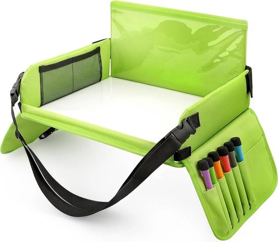 Carrello di viaggio snack e gioco con lavagna a sraggi e 6 matite colorate per giochi e tavola da pranzo, tavolo da gioco, tavolo da auto per passeggini, auto, aerei, treni, verde