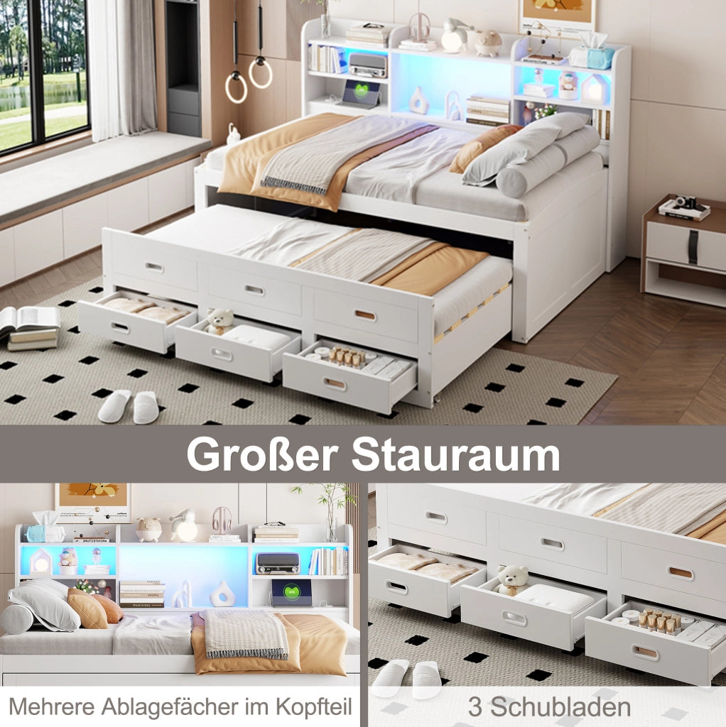 Letto da giorno estraibile ULEVR 90x200 cm con LED, 3 cassetti, USB e Type-C, bianco
