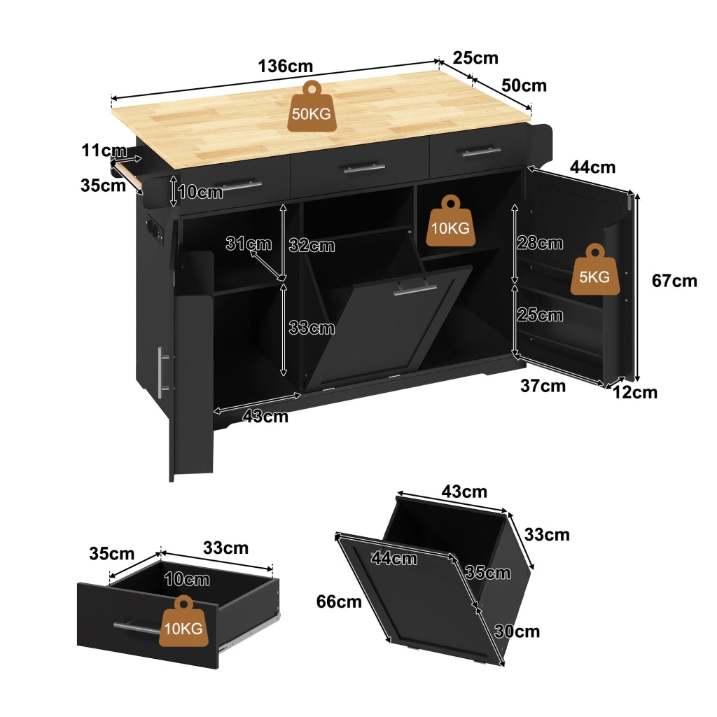 Carrello da cucina con 3 cassetti; 2 ante e vano rifiuti; portasciugamani e prese integrate; in MDF; nero e naturale